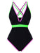 Black swimsuit with neon green and pink accents on a white background