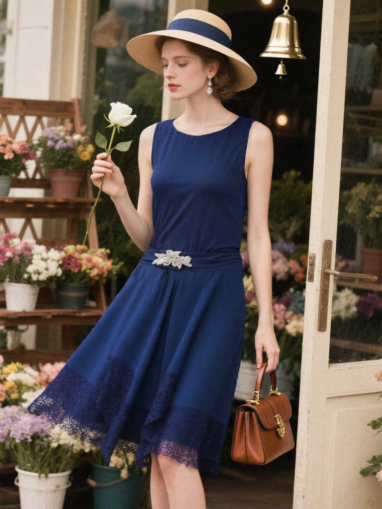 Blue 1920s Lace Patchwork Rhinestone Dress - vintage dress, retro fashion, Gatsby party