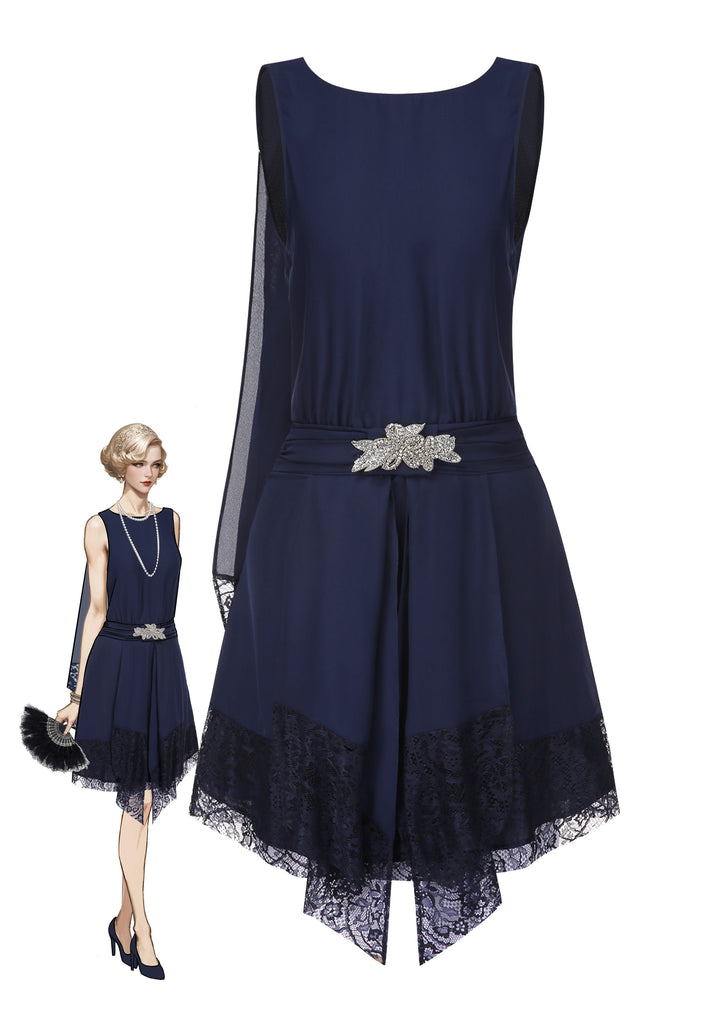 Retro Stage 1920s Gatsby Party Dress Chiffon Sparkle Embellishment Overlay Flapper Dress