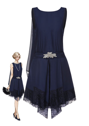 Blue 1920s Lace Patchwork Rhinestone Dress, vintage dress, retro fashion, Gatsby party, flapper style - perfect for women who love vintage and retro fashion