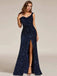 Blue 1920s Velvet Sequined High-Slit Long Dress - vintage dress, retro fashion, Gatsby party
