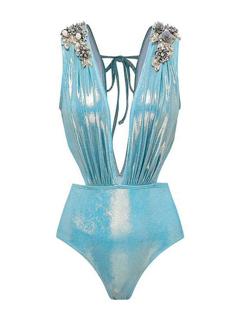 She's wearing Blue 1930s Beading Shimmery One-Piece Swimsuit and the whole beach remembers the 1930s