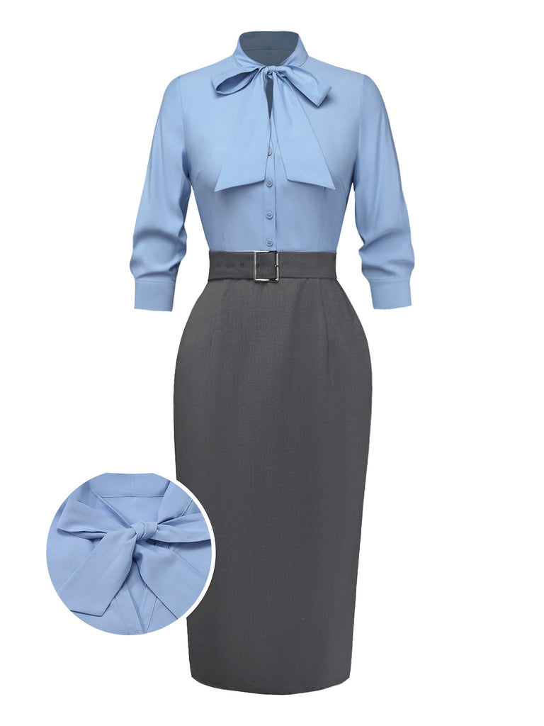 Blue 1930s Bow Tie Belted Pencil Dress