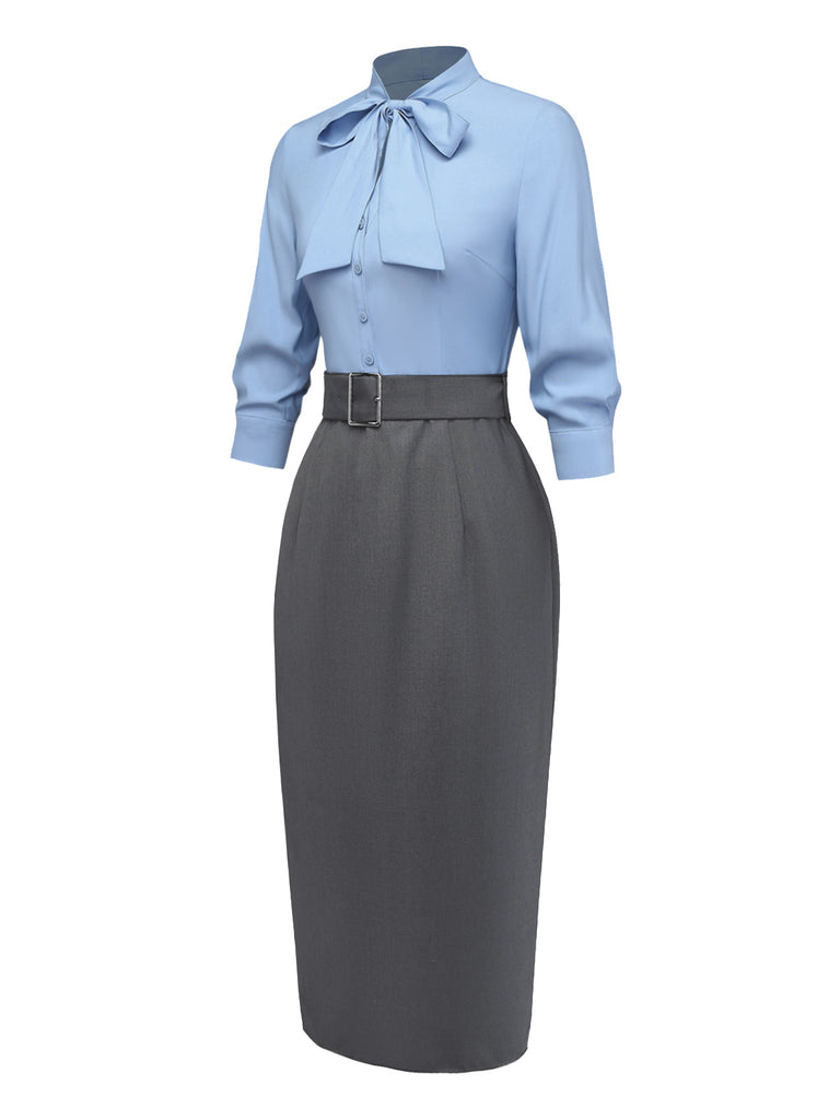 Blue 1930s Bow Tie Belted Pencil Dress | Retro Stage Blue 1930s Bow Tie Belted Pencil Dress | Retro Stage