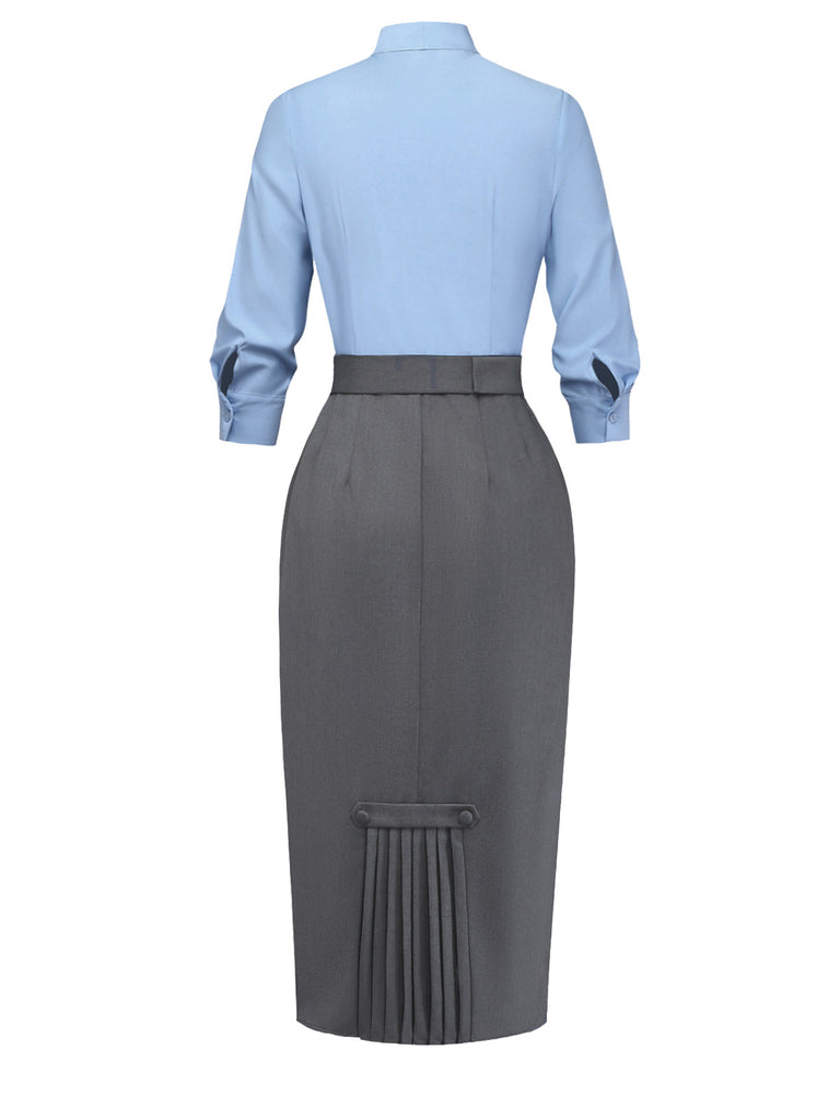 white christmas dresses Blue 1930s Bow Tie Belted Pencil Dress