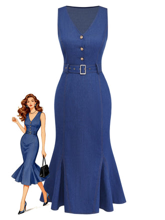 Blue 1930s Denim Sleeveless Mermaid Dress