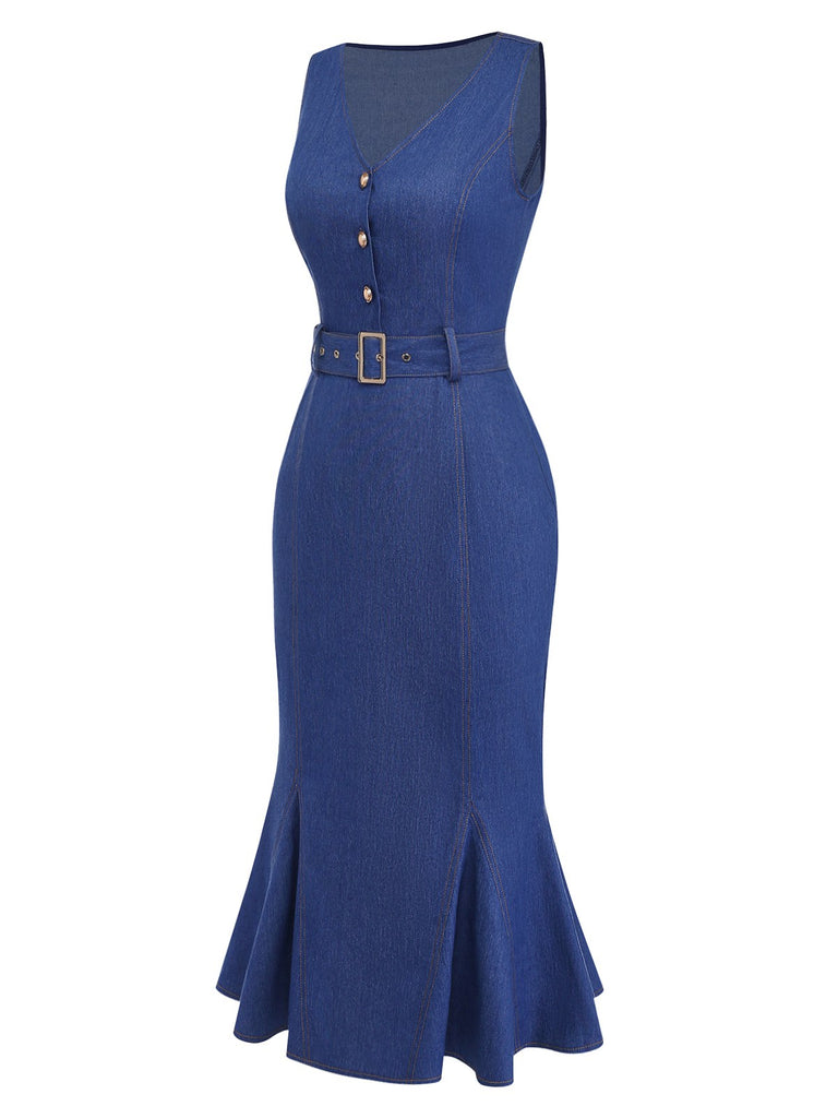 Blue 1930s Denim Sleeveless Mermaid Dress