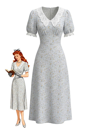 Baby Bule 1930s Floral V Neck Patchwork Dress