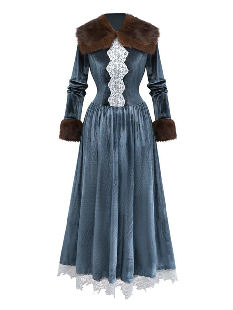 Blue 1930s Faux Fur Lace Patchwork Velvet Dress | Retro Stage