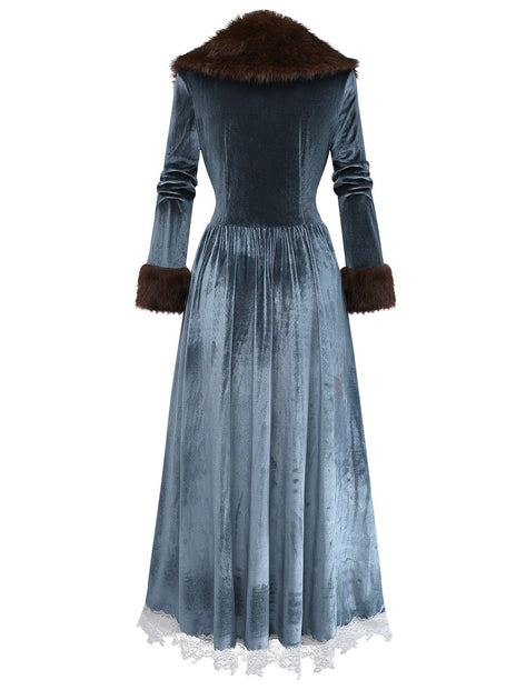 Blue 1930s Faux Fur Lace Patchwork Velvet Dress | Retro Stage