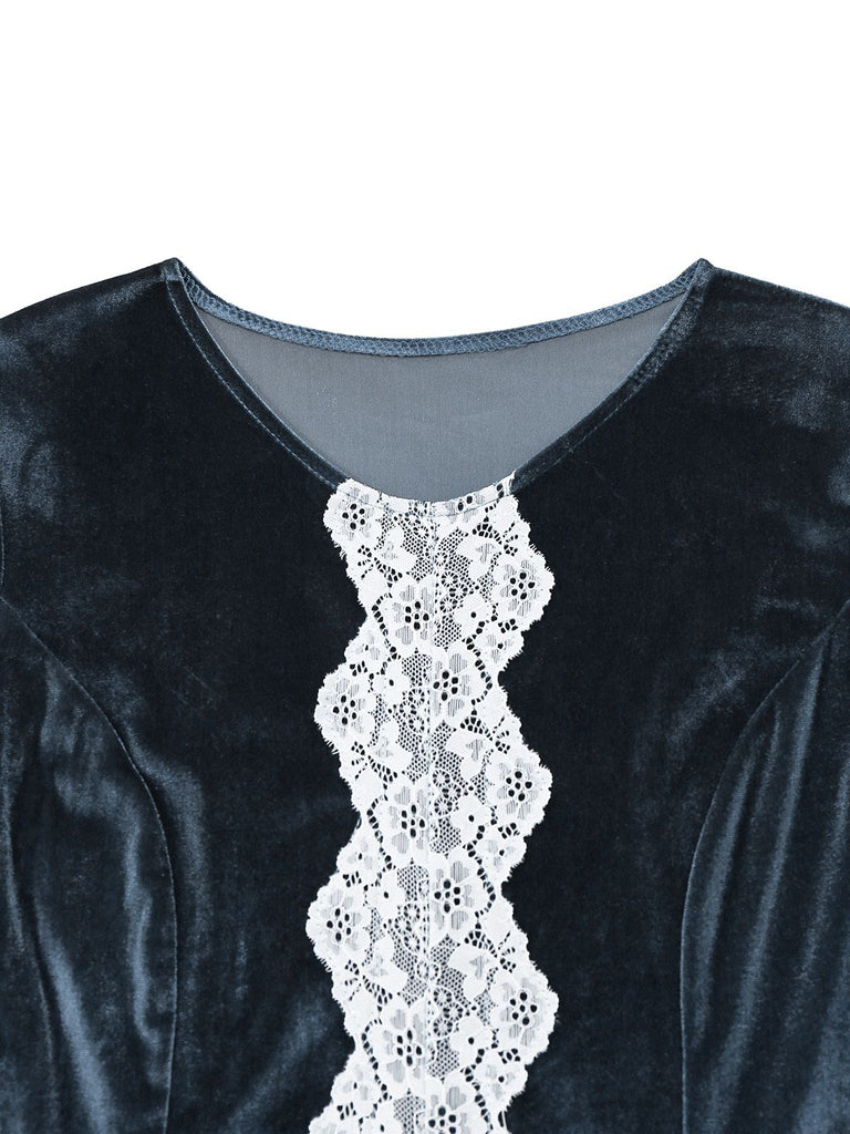 Blue 1930s Faux Fur Lace Patchwork Velvet Dress | Retro Stage Blue 1930s Faux Fur Lace Patchwork Velvet Dress | Retro Stage
