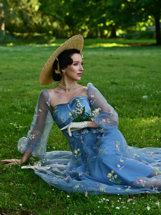 Blue 1930s Floral Embroidered Mesh Long Sleeve Dress, vintage dress, retro fashion, floral print - perfect for women who love vintage and retro fashion