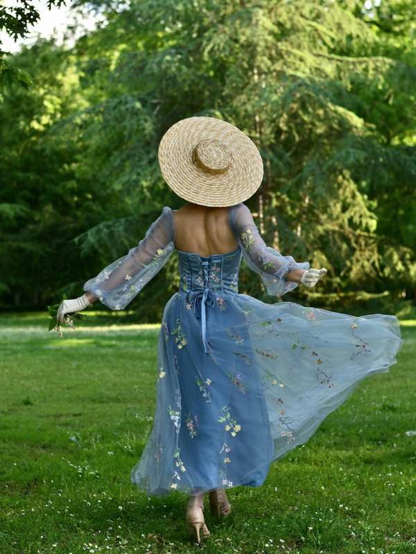 Blue 1930s Floral Embroidered Mesh Long Sleeve Dress