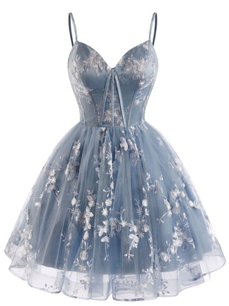 Blue 1930s Floral Halter Mesh Dress