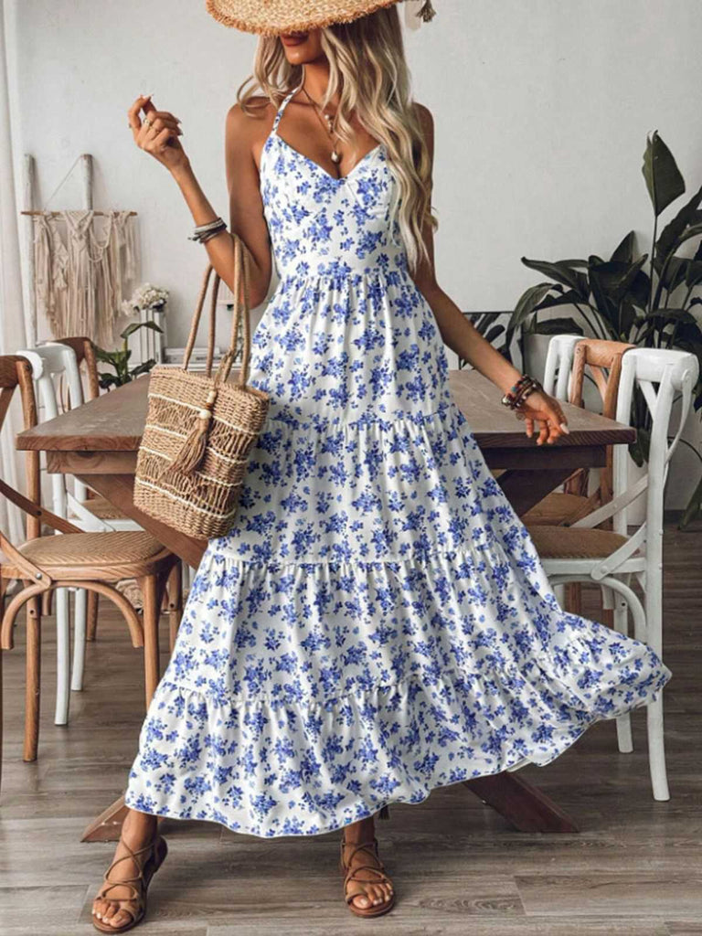 Blue 1930s Floral Tie Back Tiered Maxi Dress - vintage dress, retro fashion, elegant red