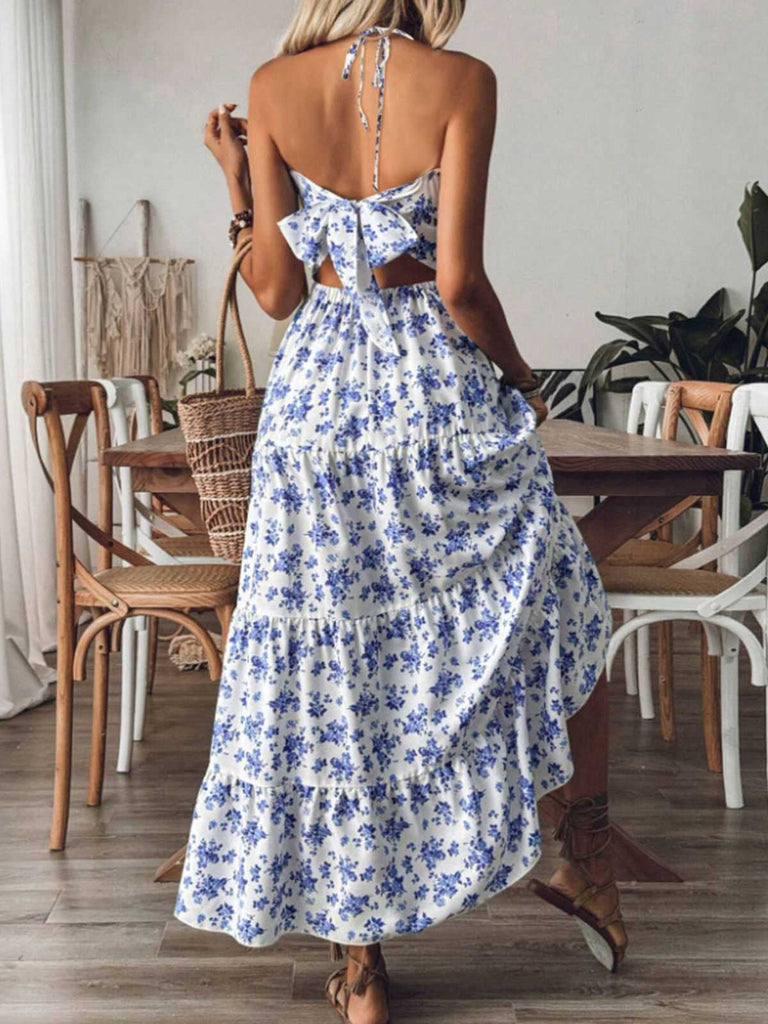 knee length dresses for ladies Blue 1930s Floral Tie Back Tiered Maxi Dress