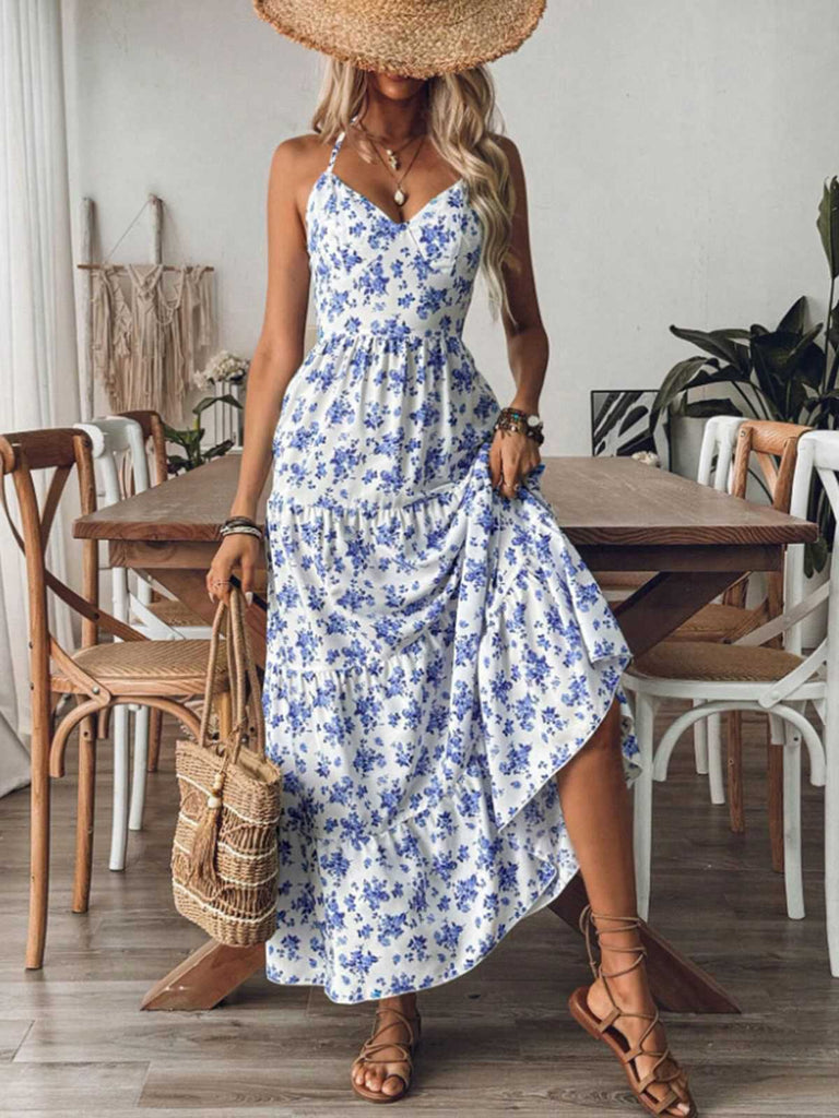 Blue 1930s Floral Tie Back Tiered Maxi Dress - vintage dress, retro fashion, elegant red