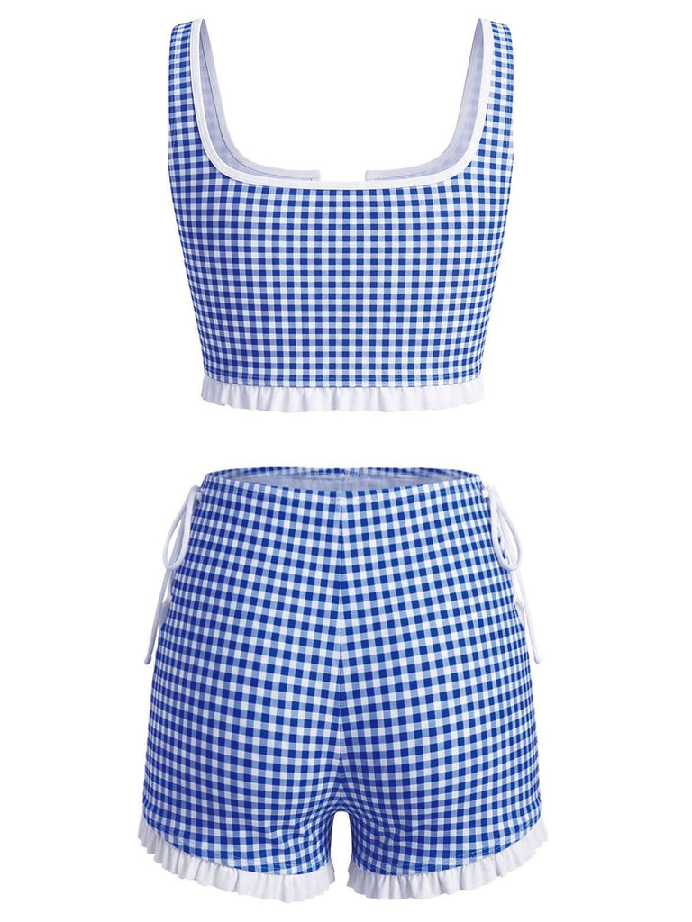Blue-1930s-Ginghem-Plaid-Rose-Embroidered-Tankini-Set-back-view