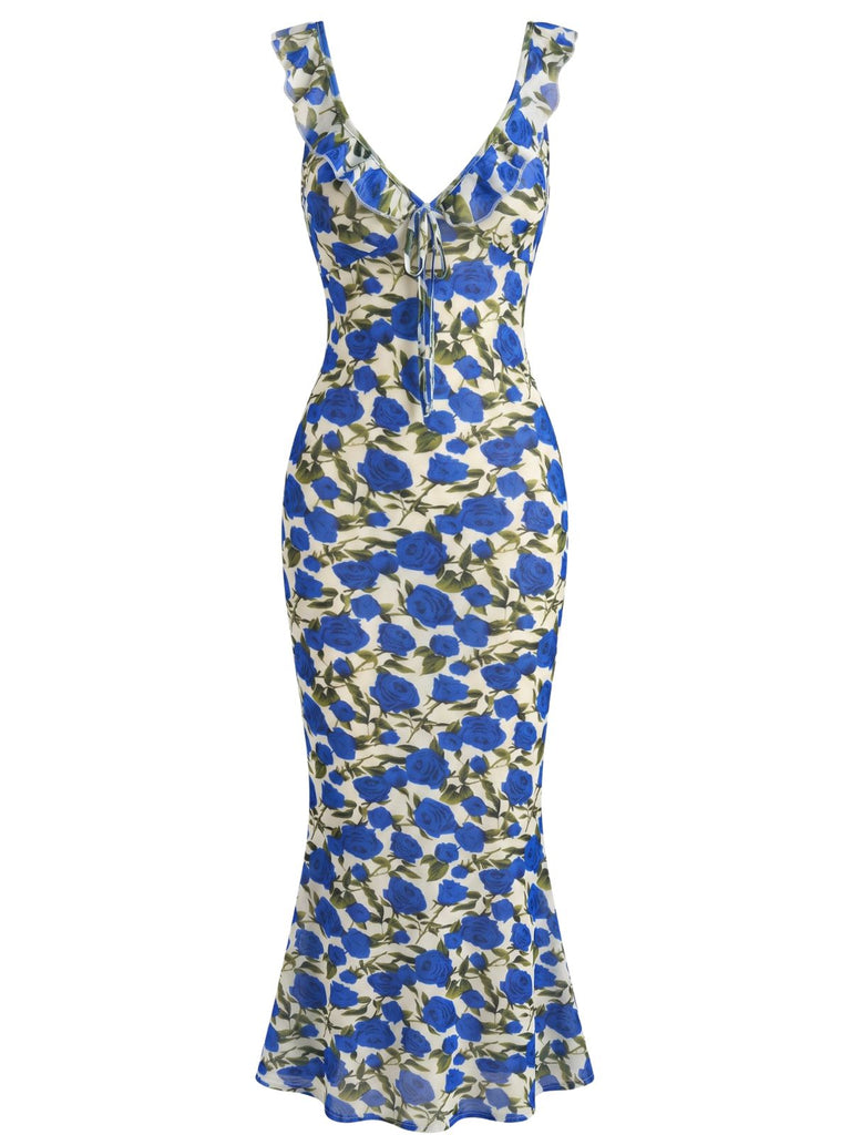 Blue 1930s Vintage Floral V Neck Top