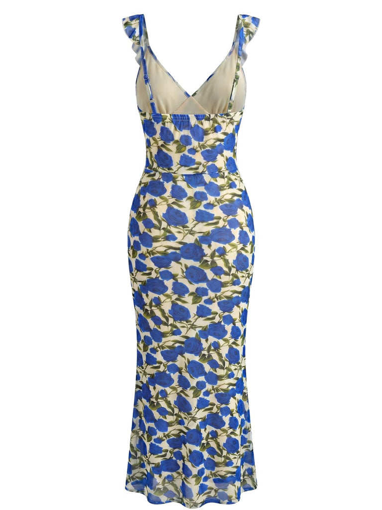 Blue 1930s Vintage Floral V Neck Top