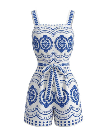 Blue 1930s Holiday Positioning Print Belted Romper - vintage jumpsuit, retro fashion