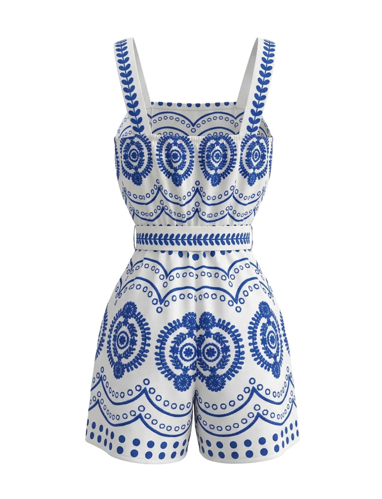 Blue 1930s Holiday Positioning Print Belted Romper - vintage jumpsuit, retro fashion