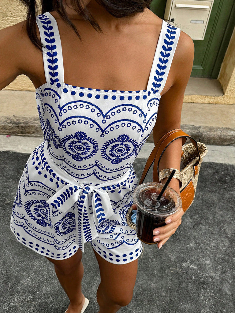 Blue 1930s Holiday Positioning Print Belted Romper - vintage jumpsuit, retro fashion