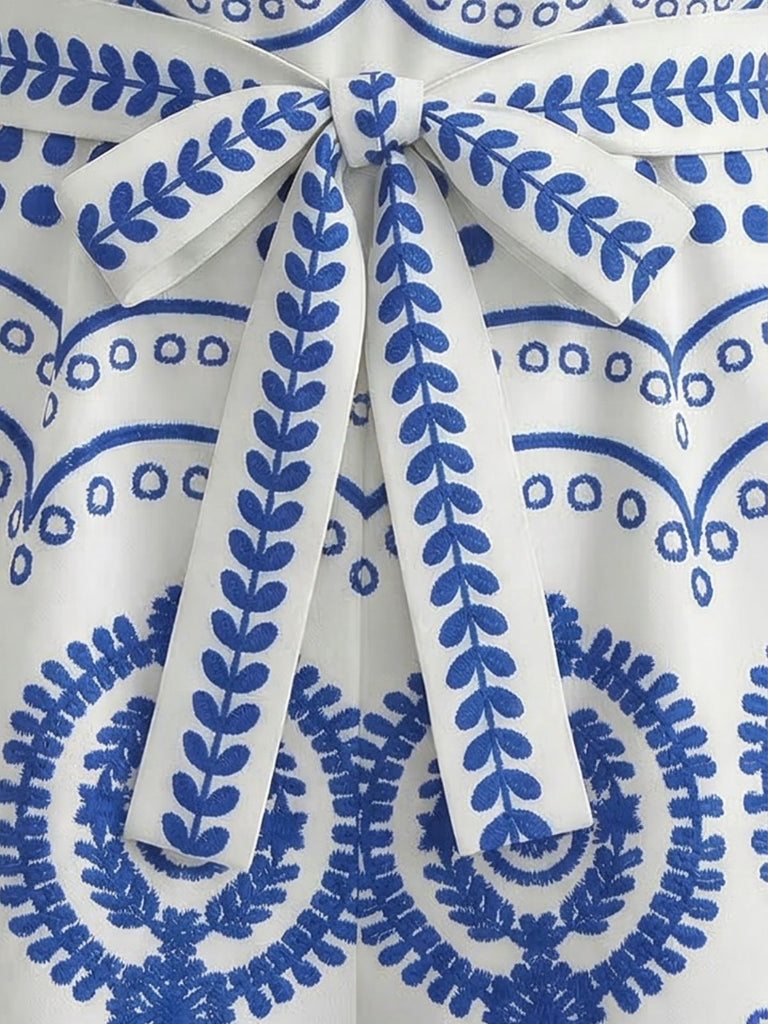 Blue 1930s Holiday Positioning Print Belted Romper - vintage jumpsuit, retro fashion