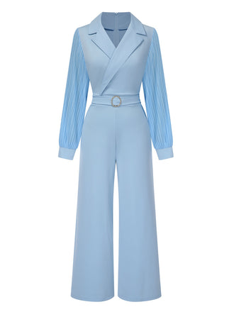 She finds her 1930s story in this Blue 1930s Notched Collar Patchwork Jumpsuit