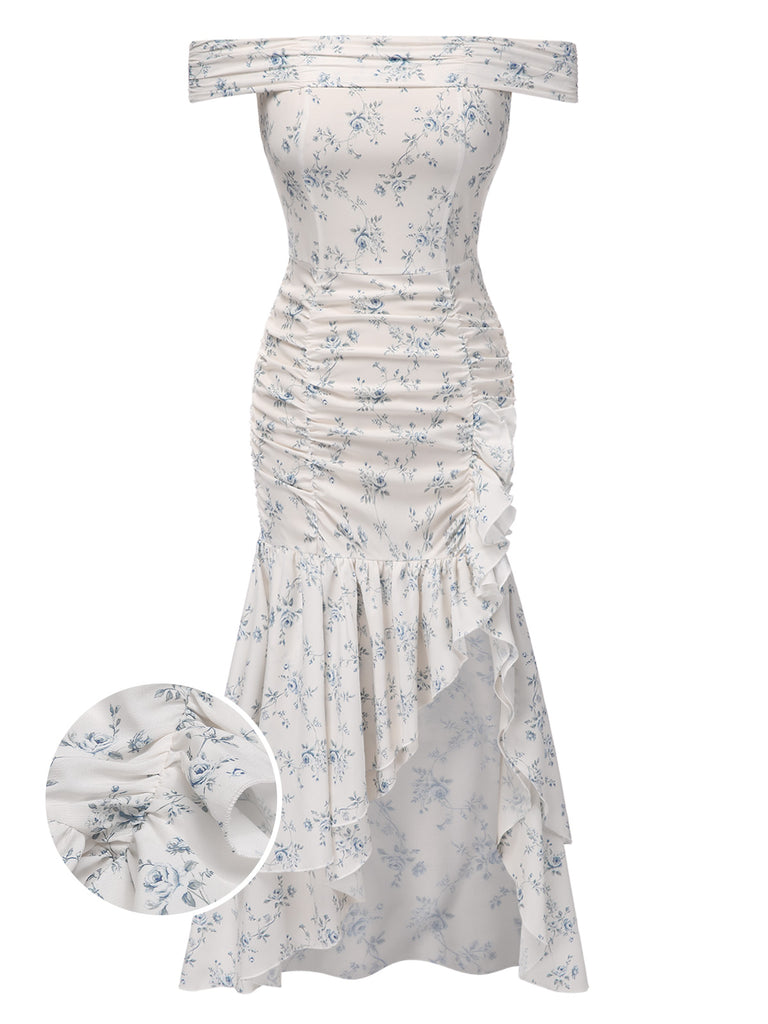 She slips into this Blue 1930s Off-Shoulder Floral Ruffles Hem Dress and suddenly it's a 1930s daydream
