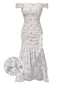 Blue 1930s Off-Shoulder Floral Ruffles Hem Dress