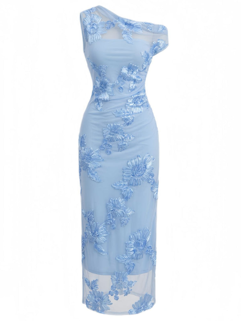 Blue 1930s One-Shoulder Floral Embroidered Mermaid Dress, vintage dress, retro fashion, floral print - perfect for women who love vintage and retro fashion