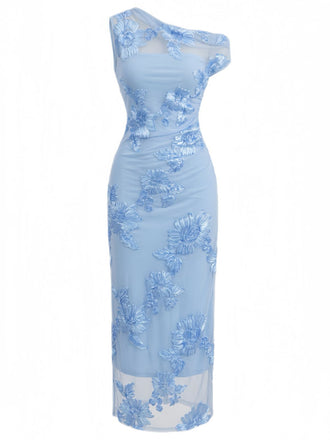 Blue 1930s One-Shoulder Floral Embroidered Mermaid Dress, vintage dress, retro fashion, floral print - perfect for women who love vintage and retro fashion