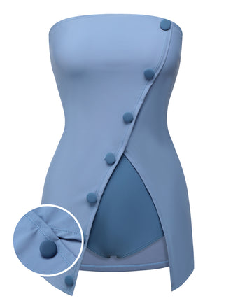 Blue 1930s Solid Buttoned Bandeau Swimsuit, vintage swimsuit, pin-up swimwear - perfect for women who love vintage and retro fashion