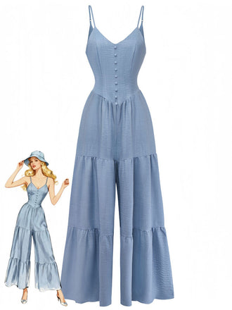 Blue 1930s Solid Deep V Tiered Ruched Jumpsuit - vintage jumpsuit, retro fashion, elegant red
