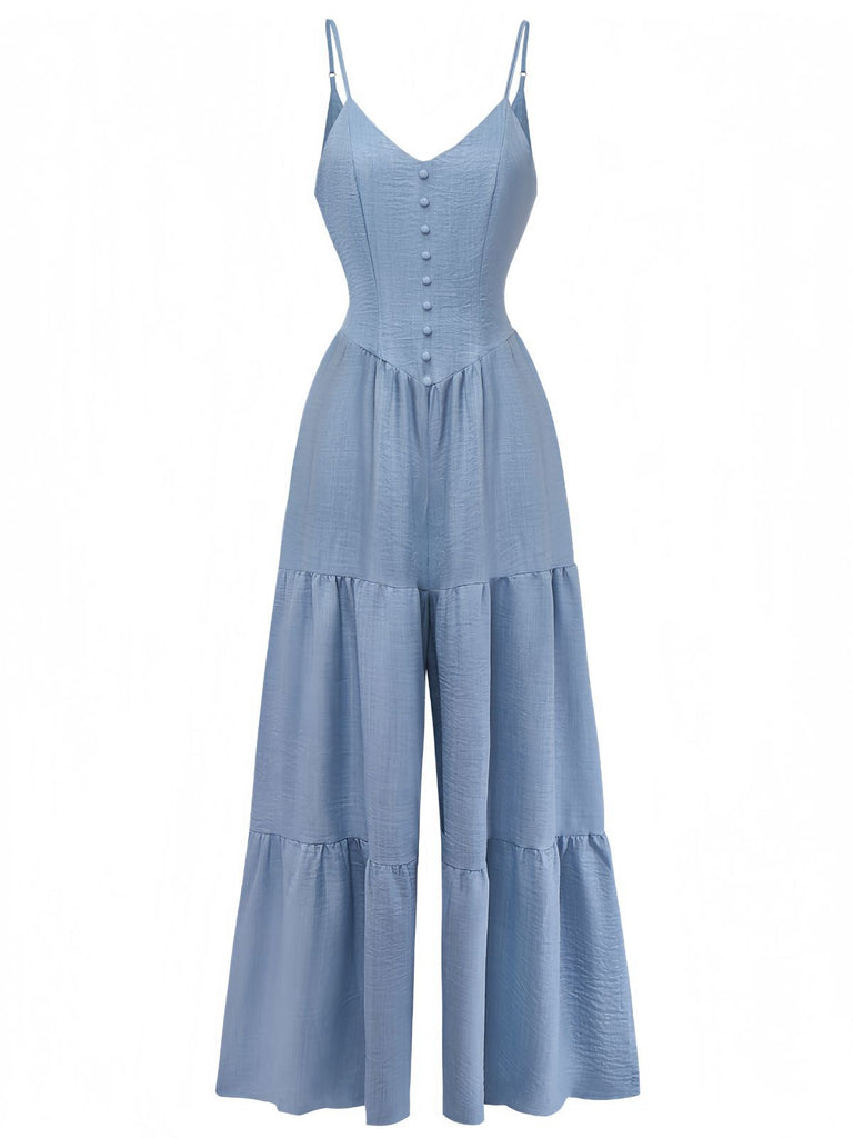 Blue 1930s Solid Deep V Tiered Ruched Jumpsuit - vintage jumpsuit, retro fashion, elegant red