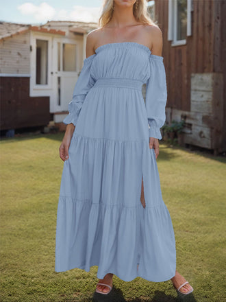 Blue 1930s Solid Off-Shoulder High Slit Dress - vintage dress, retro fashion