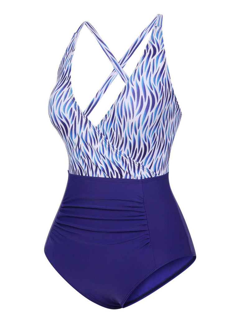 Blue 1930s Strap Stripes Patchwork One-Piece Swimsuit: 1930s Riviera elegance, reimagined for her