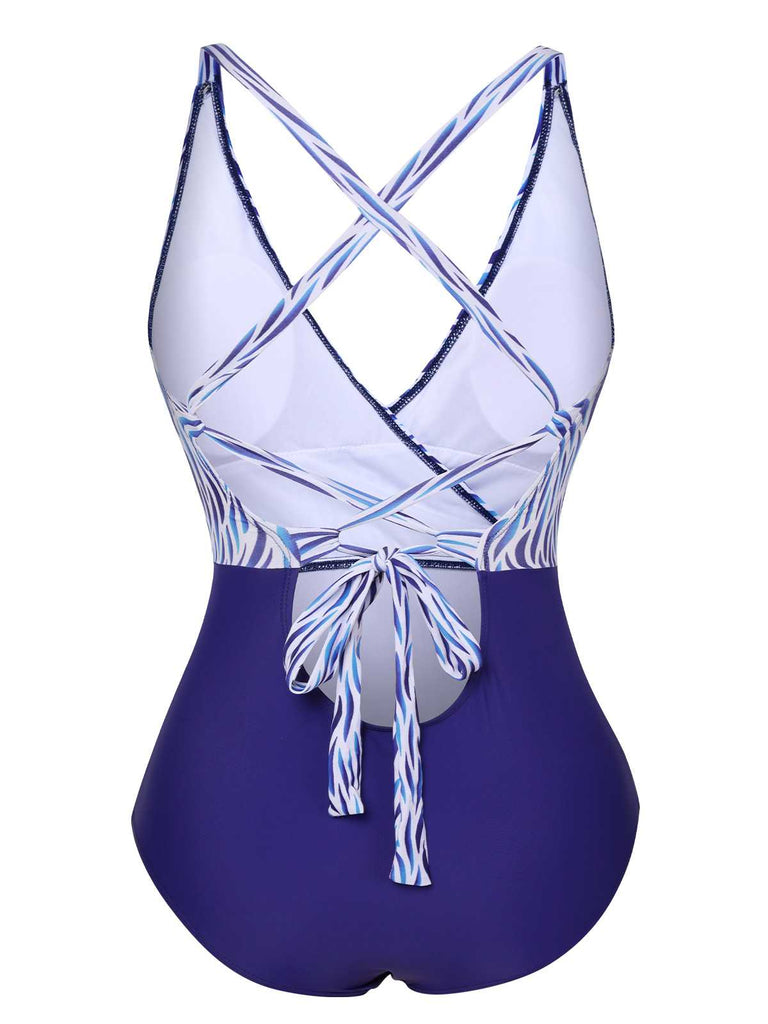 This Blue 1930s Strap Stripes Patchwork One-Piece Swimsuit carries 1930s vacation dreams in every stitch