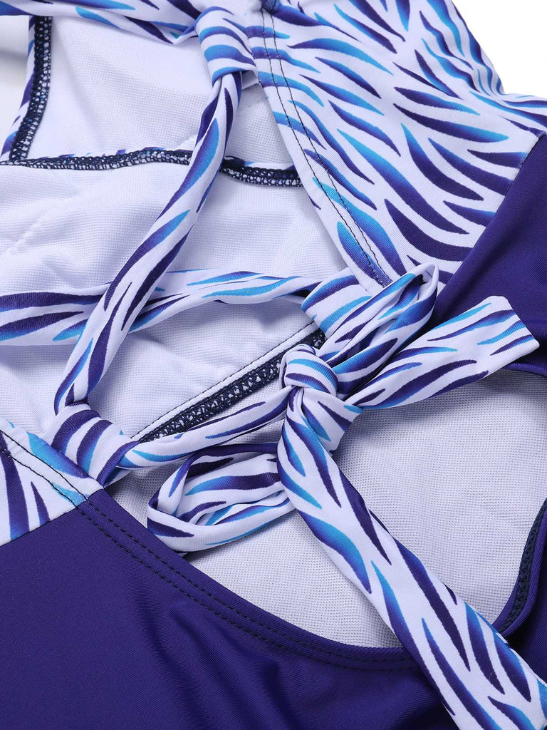 Blue 1930s Strap Stripes Patchwork One-Piece Swimsuit — because 1930s glamour never goes out of style