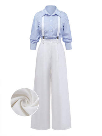 [Pre-Sale] Blue 1930s Striped Faux 2PCS Detachable Strap Jumpsuit