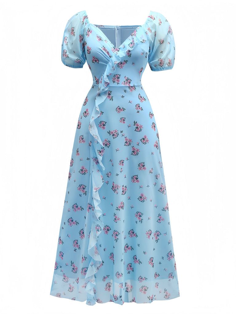 Blue 1930s V-Neck Rose Mesh Ruffled Dress - vintage dress, retro fashion