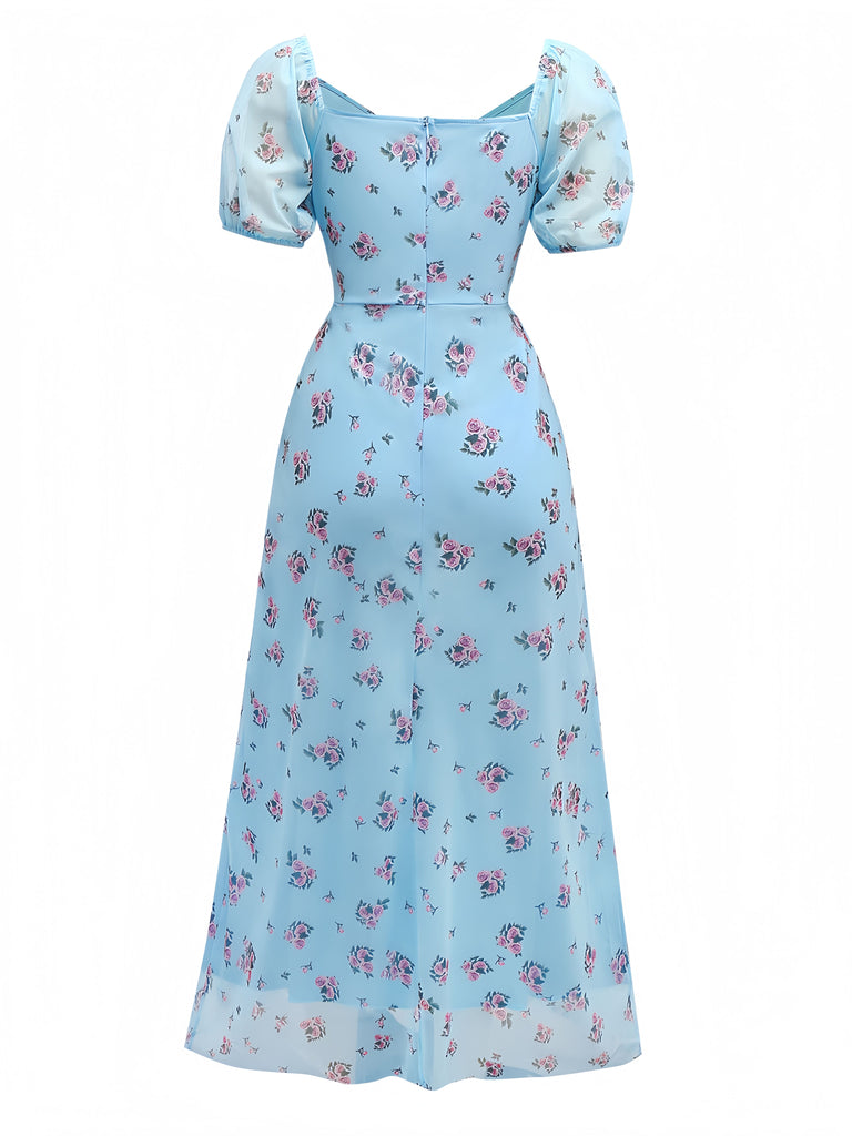 Blue 1930s V-Neck Rose Mesh Ruffled Dress - vintage dress, retro fashion
