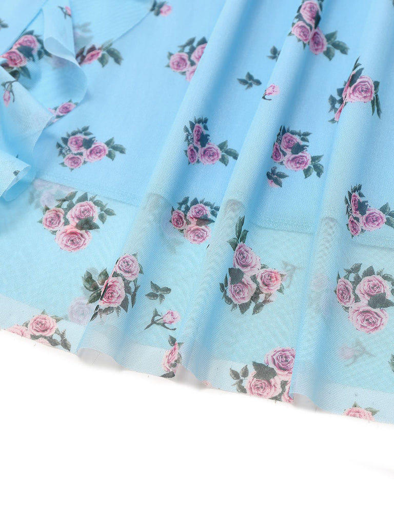Blue 1930s V-Neck Rose Mesh Ruffled Dress - vintage dress, retro fashion