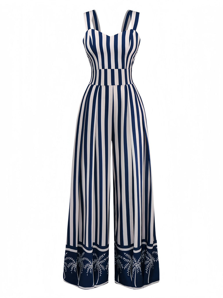Blue 1930s Vertical Stripes Palm Trees Jumpsuit - vintage jumpsuit, retro fashion