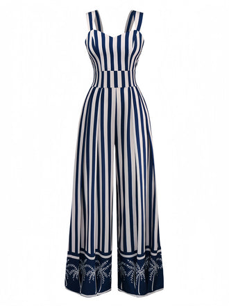 Blue 1930s Vertical Stripes Palm Trees Jumpsuit - vintage jumpsuit, retro fashion