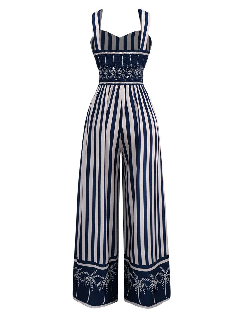 Blue 1930s Vertical Stripes Palm Trees Jumpsuit - vintage jumpsuit, retro fashion