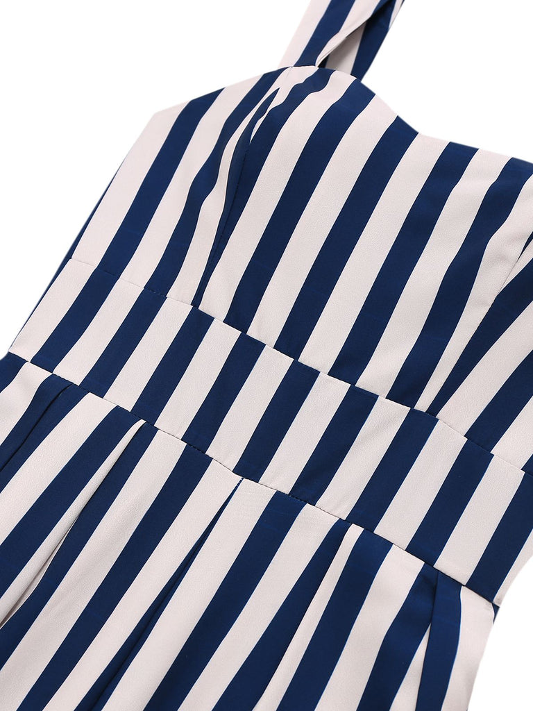 Blue 1930s Vertical Stripes Palm Trees Jumpsuit - vintage jumpsuit, retro fashion