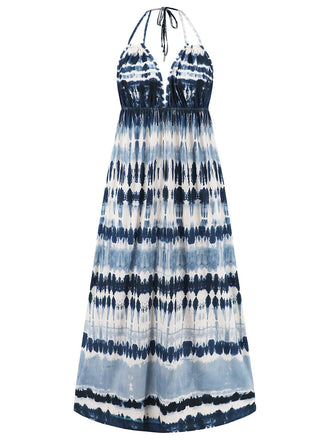 She slips into this Blue 1940s Backless Tie Dye Long Dress and suddenly it's a 1940s daydream