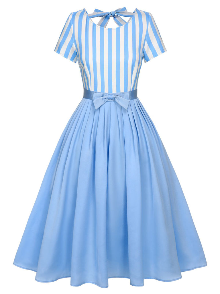 Blue 1940s Boat Neck Stripes Bow Dress: where 1940s romance meets her modern spirit
